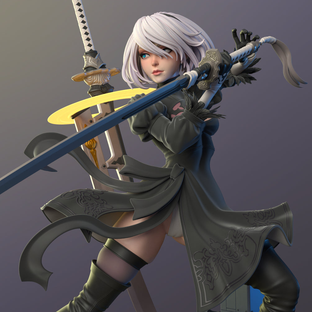 2B | Nier Automata Video Game | diNamuuu3D Fanart Sculpture Figurine | 8 Inch Resin